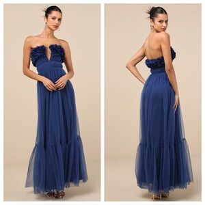 Lulus Chic Spectacle Navy 3D Applique Strapless Maxi Dress
